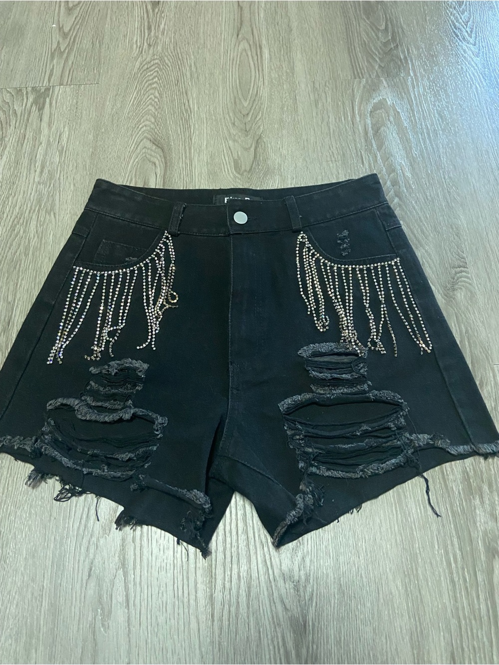Collection B Black Distressed Jean Shorts with Rhinestone Fringe